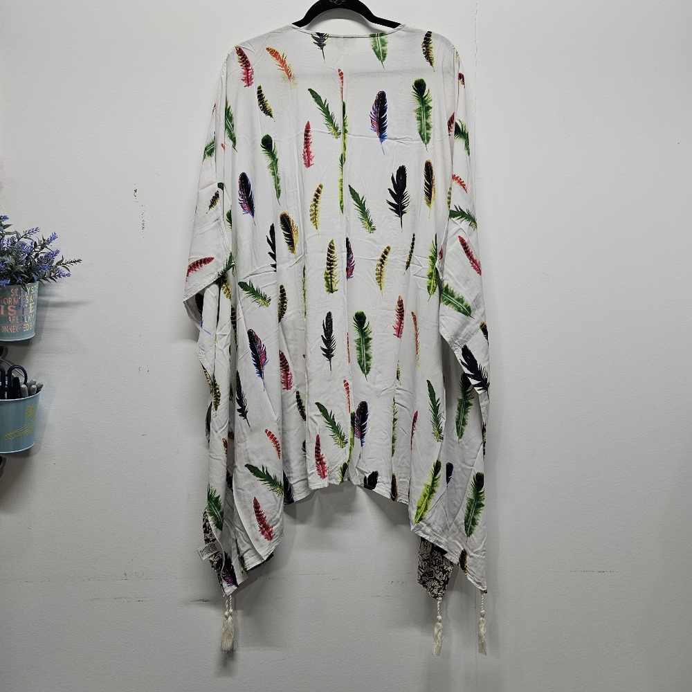 UMGEE Kimono Duster Cardigan Size XL/1XL Feather Print Tassel Boho Festival - Picture 11 of 11